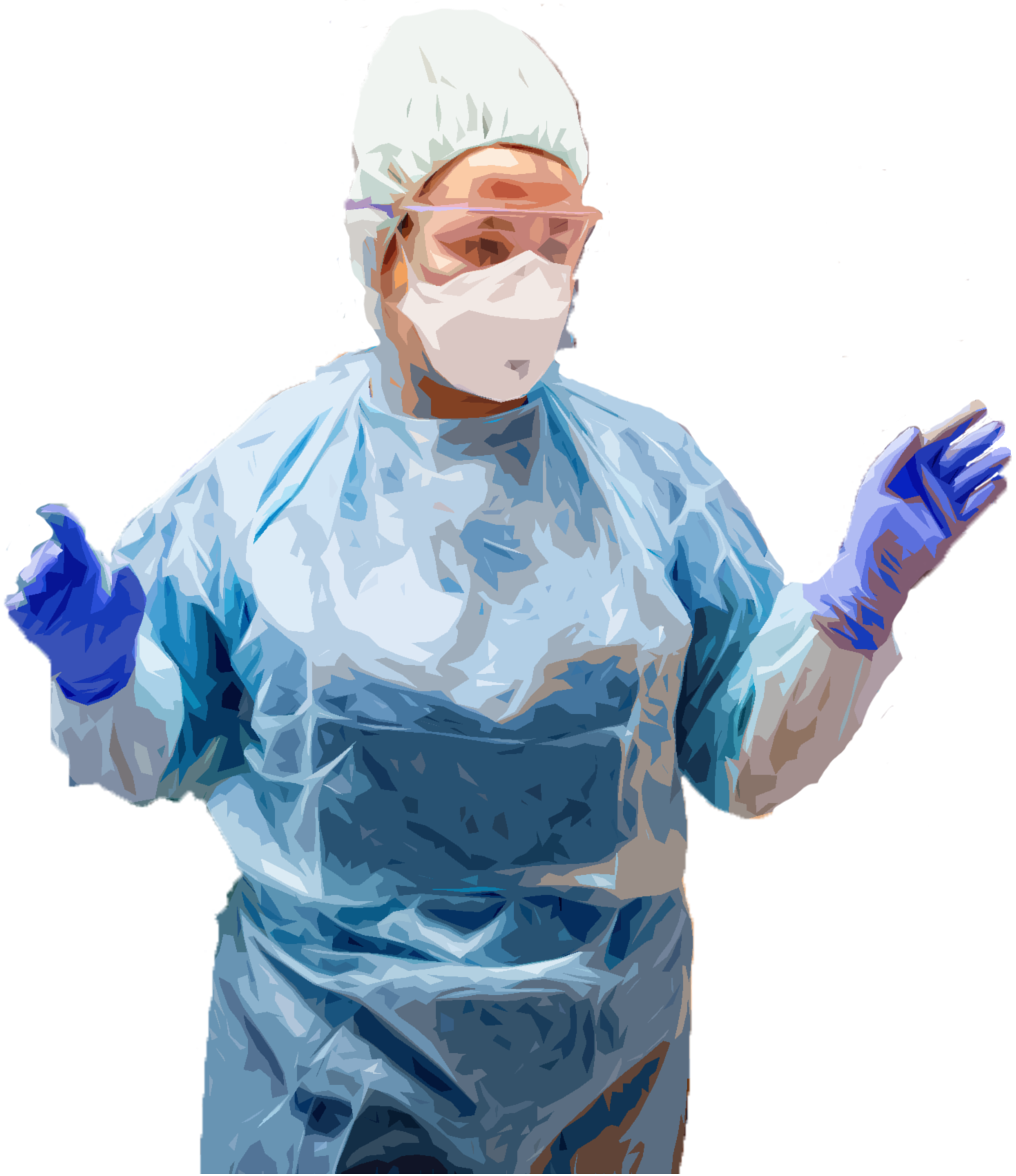 vrouw in virusbeschermende kleding met mondkapje en handschoenen