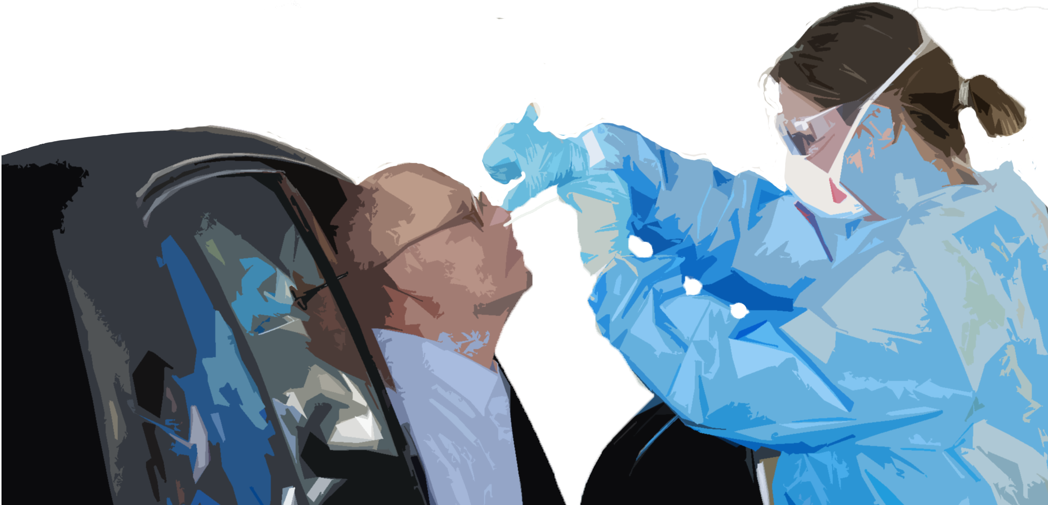 vrouw neemt coronatest af bij man die zijn hoofd uit het autoraam heeft gestoken